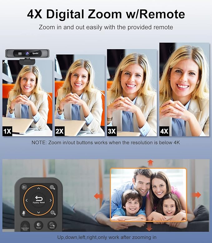 Spedal 4K UHD Webcam with Built-in AI Noise Reduction Dual Microphones,120° Wide Angle Zoomable Webcam with Remote and Software Control for Conferencing/Streaming/Online Teaching/Video Calling
