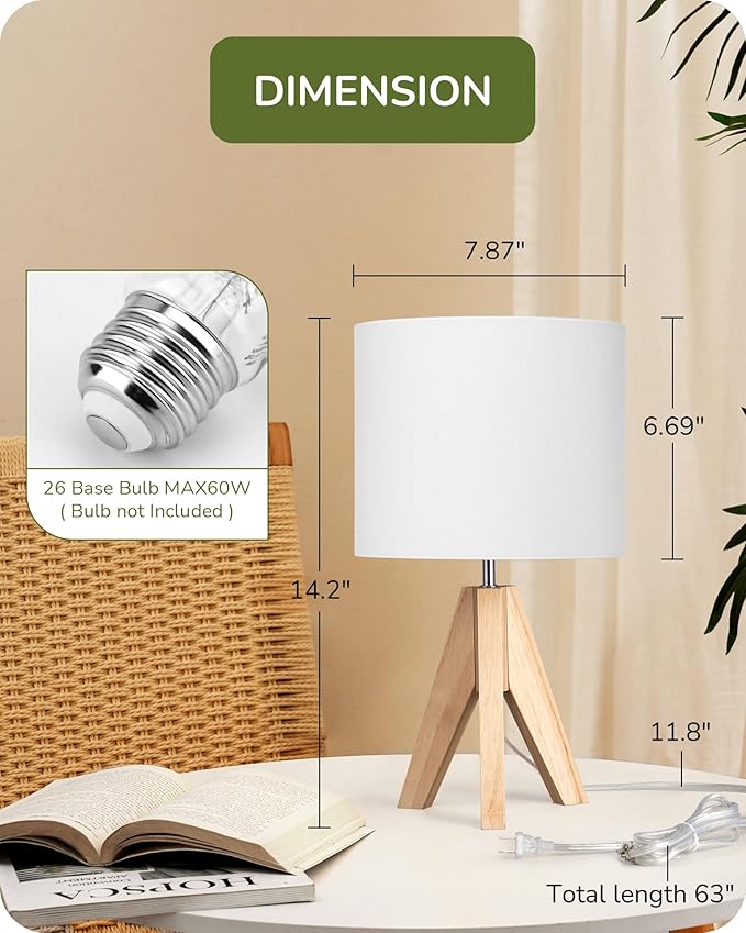 EDISHINE Small Cute Table Lamp, Wood Tripod Nightstand Lamp, Mid Century Bedside Lamp with Linen Fabric Shade for Nursery, Living Room, Bedroom, End Table, UL Listed, 14.2 Inch, ON/Off Switch