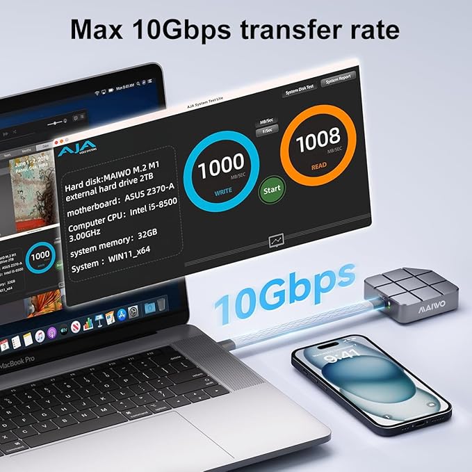 MAIWO Portable SSD 2TB External Solid State Drive, USB 3.2 GEN 2 Type-C Up to 1050MB/s, Mini NVMe SSD with 4K ProRes Videos for iPhone iPad MacBook macMini PS5, Aluminum (Grey)