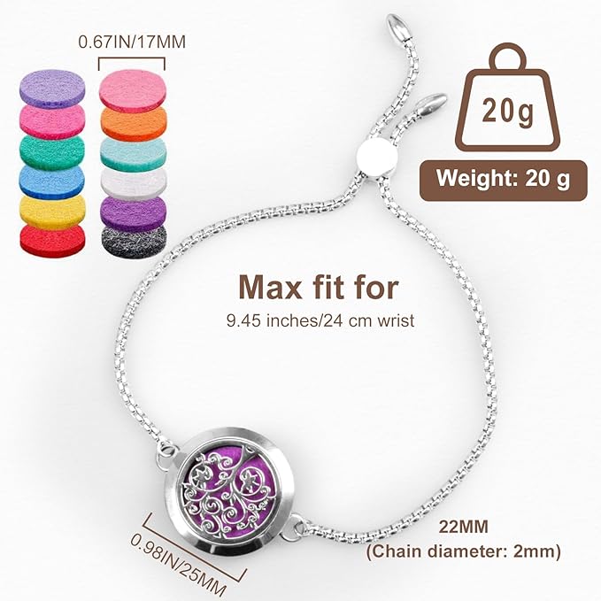 ttstar Essential Oil Diffuser Bracelet Stainless Steel Aromatherapy Locket Adjustable Diffuser Bracelet with 24pcs Refill Pads in 12 Colors Gift Set for Women Girls Mother's Day Christma(Tree of Hope)