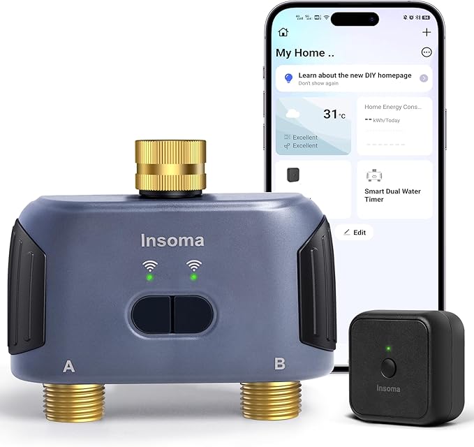 2 Zones WiFi Water Timer Brass Inlet and Outlet, Sprinkler Timer for Garden Hose, APP Remote Control WiFi Hose Timers with Gateway, Voice Control with Alexa, Rain Delay and Manual Mode for Watering