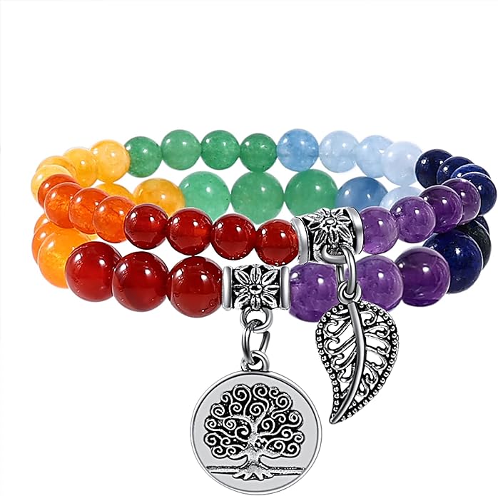 Bivei Natural Semi Precious Gemstone beads bracelet for women - Life Tree and Leaf Charm Energy Reiki Crystal Stretch Bracelets
