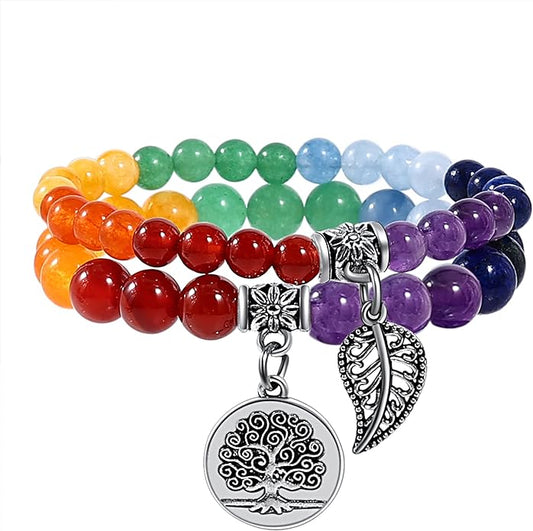 Bivei Natural Semi Precious Gemstone beads bracelet for women - Life Tree and Leaf Charm Energy Reiki Crystal Stretch Bracelets