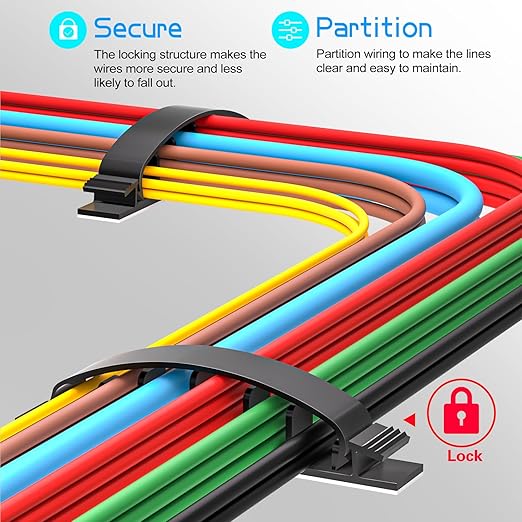 XHF 30pcs Adhesive Cable Wire Clips Black, Outdoor Cable Management Wire Organizer Cord Holder for Under Desk, Car, Wall, TV PC Ethernet Cable