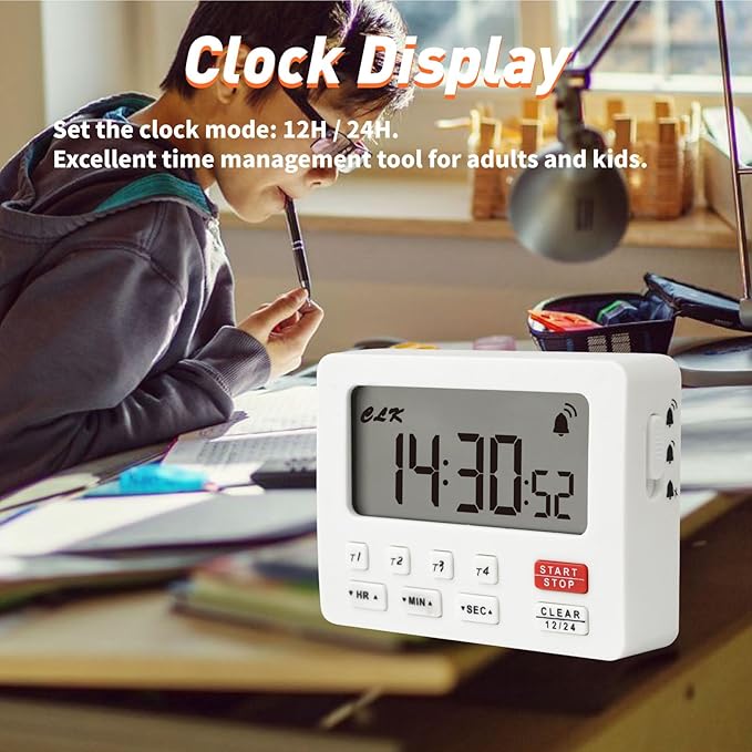 YOOREAL Digital Kitchen Timers, with 4 Sets of Countdown Stop Watches Timer/Magnetic Timer Clock with Adjustable Loud Alarm Classroom Cooking Fitness Baking Studying Teaching (White)