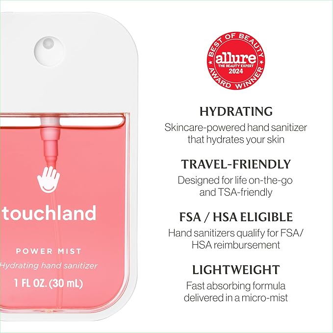 Touchland Power Mist Hydrating Hand Sanitizer Spray, FRESH 5 Set (Mint, Citrus, Lemon Lime, Aloe, Watermelon), 1 FL. OZ. Travel Size (Set of 5)