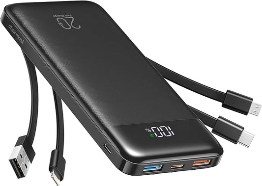 charmast 20000mAh Portable Charger with Built in Cables, 22.5W Travel Power Bank Fast Charging, USB C Cell Phone Battery Pack for iPhone 16/15/14/13/12/11 Series, iPad, Samsung, Android, Tablet
