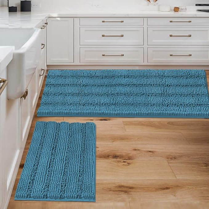 H.VERSAILTEX 2 Piece Bathroom Set - Super Absorbent Chenille Striped Bath Mats - Non Skid, Machine Washable - Turquoise Blue, 47 x 17 Plus 17 x 24 Inches