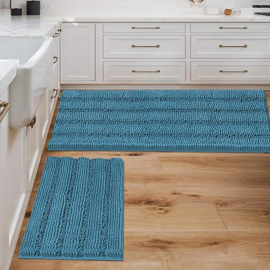 H.VERSAILTEX 2 Piece Bathroom Set - Super Absorbent Chenille Striped Bath Mats - Non Skid, Machine Washable - Turquoise Blue, 47 x 17 Plus 17 x 24 Inches
