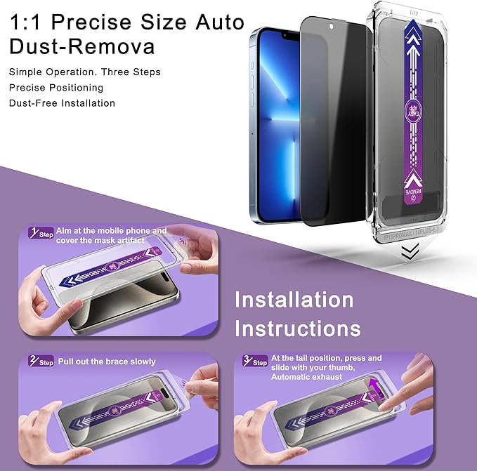 2 Pack Privacy Screen Protector for iPhone 13 Pro Max/iPhon 14 Plus, 9H Tempered Glass, Full Coverage, Anti-Fingerprint, Auto Dust-Elimination, No Bubble, Easy Installation
