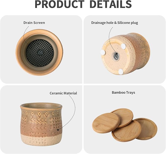 TAMAYKIM 4 Inch Small Ceramic Plant Pots with Drainage Holes and Saucers, Retro Totem Planters for Succulent, Cactus & Herbs, Brown Beige, Set of 4