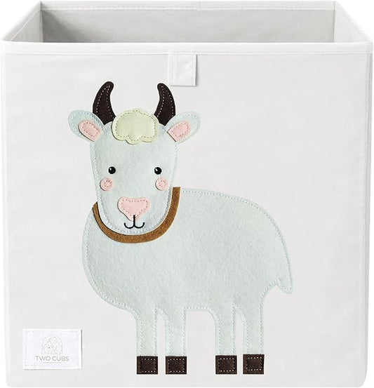 Two Cubs Foldable Kids Toy Storage Box - 13"x13" Cube Organizer Bin with Durable 2.6mm Plastic Plate Boards, Goat Design in White - Collapsible Nursery & Playroom Storage, Fits IKEA Kallax Shelves
