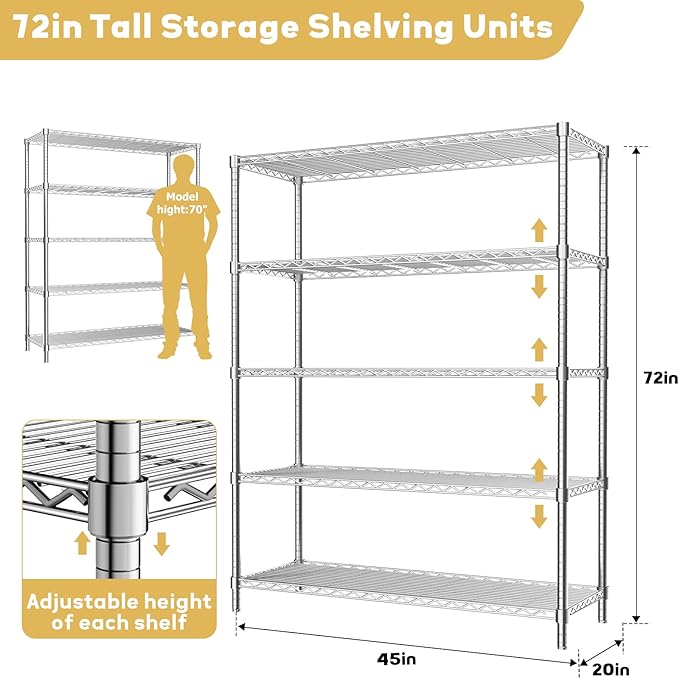 Storage Shelves Heavy Duty, 45" W x 20" D x 72" H Garage Wire Shelving Unit Loads 2000LBS, 5-Tier Adjustable Metal Industrial Utility Shelf Rack for Kitchen, Laundry Room, Pantry, Warehouse, Basement