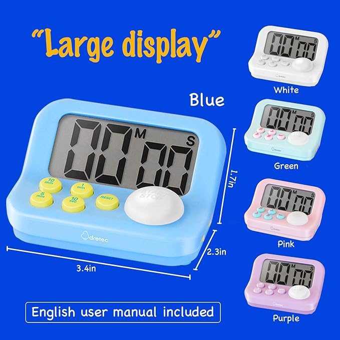 dretec pomodoro Timer, Productivity Timer, for Studying, for exam, Large Display, Large Button, Blue