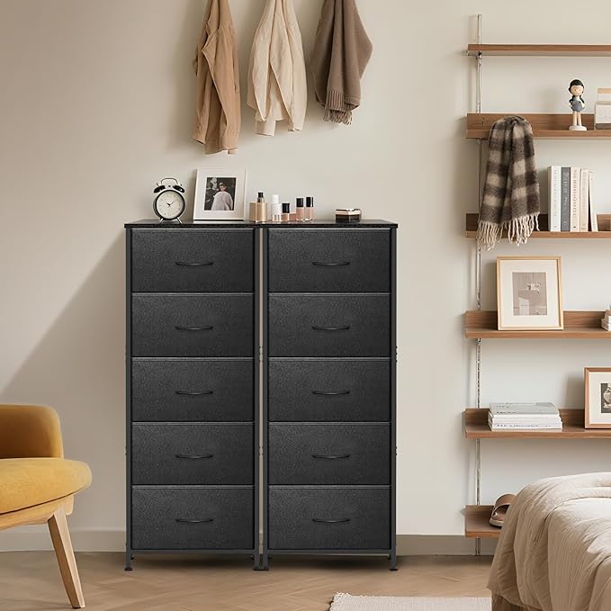 5 Fabric Drawer Dresser for Bedroom, Chest of Drawers with Waterproof Wood Top Tall Dresser for Hallway, Living Room, Kid Room (Charcoal Black)
