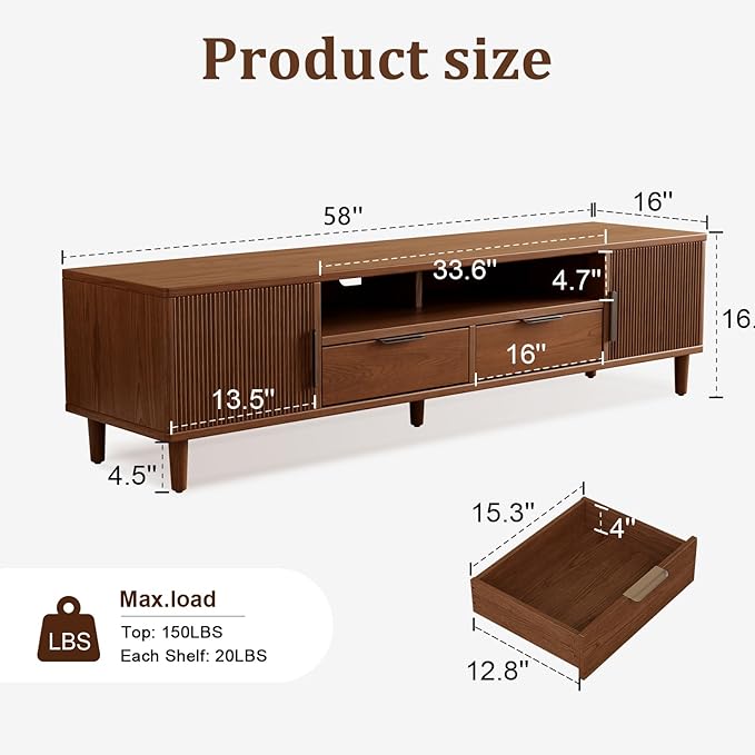 Mid-Century Modern TV Stand Fits TVs up to 60,Fluted TV Consoles Storage Doors and Cable Management,Entertainment Center tv Stands, for Living Room, Bedroom, Dining Room-Walunt