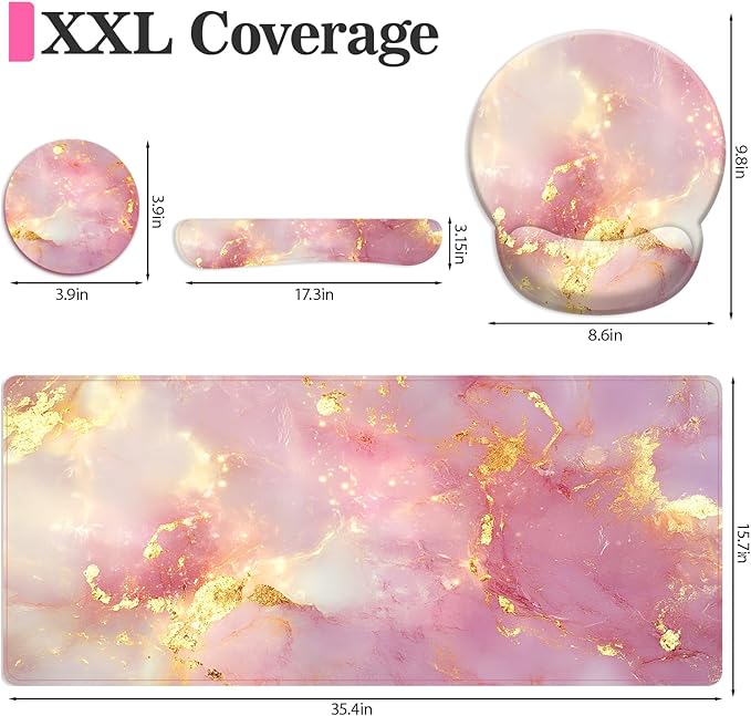 Long Mouse Pad XXL,Ergonomic Desk Mat Gaming Set,Keyboard Wrist Support Rest Mouse Pad Suitable for Office and Home (XXL Pink Marble)