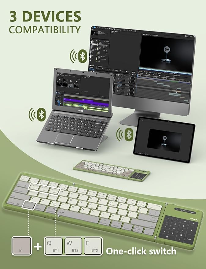 Nillkin Pocket Foldable Wireless Keyboard with Touchpad Numerical Pad for Travel Meeting for iPad Tablets Phone Laptop PC, Full Size (Small) Magnetic Folding Keyboard (Green)