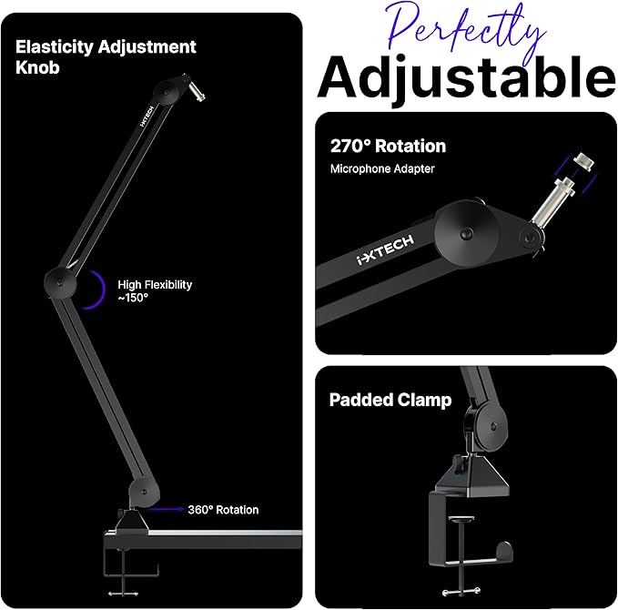 IXTECH Microphone Boom Arm Stand, Heavy Duty Adjustable Mic Stand with Cable Ties, Desk Mount Arm Stand for Gaming Streaming Podcasting.