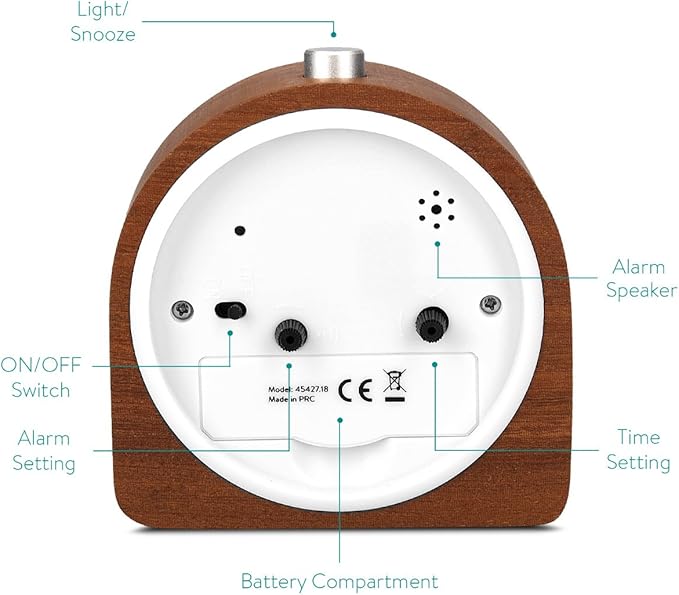Navaris Wood Analog Alarm Clock - Half-Round Battery-Operated Non-Ticking Clock with Snooze Button and Light - Dark Brown