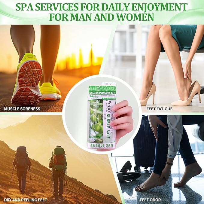 Pedicure Kit Foot Soak Set: Bubble Salt, Sugar Scrub, Massage Mask, Massage Lotion in a Box, 4 Step Foot Spa Kit for Dry Feet, Calluses and Tired Feet(3 Set Olive)