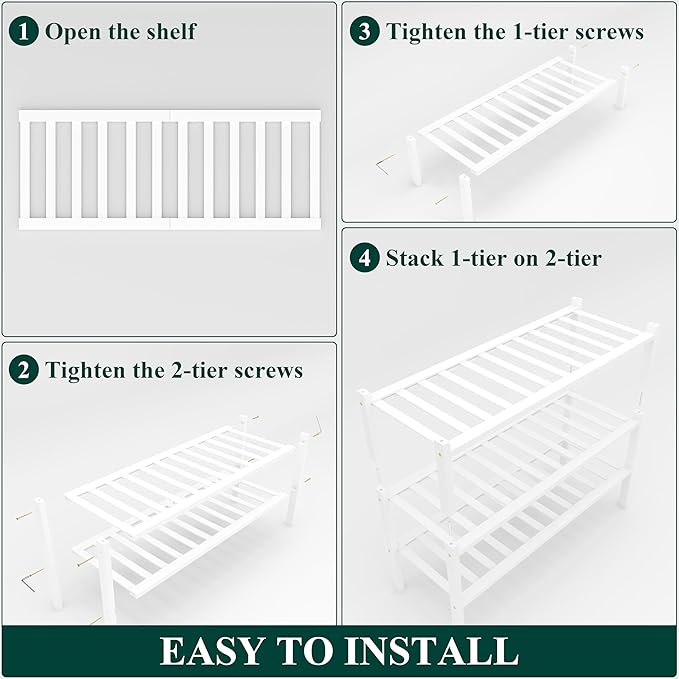 Smiry Shoe Rack, 3 Tier Thick Bamboo Shoe Organizer, Stackable Free Standing Wooden Shoe Storage Shelf for Closet, Entryway, Front Door Entrance, White