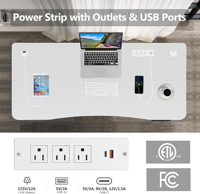 farexon Electric Standing Desk Adjustable Height,63x24 Inches Stand Up Desk, Ergonomically Curved Desktop with Outlet, Lockable Casters,27.''-46'' Lifting Range Home Office Computer Desk（White