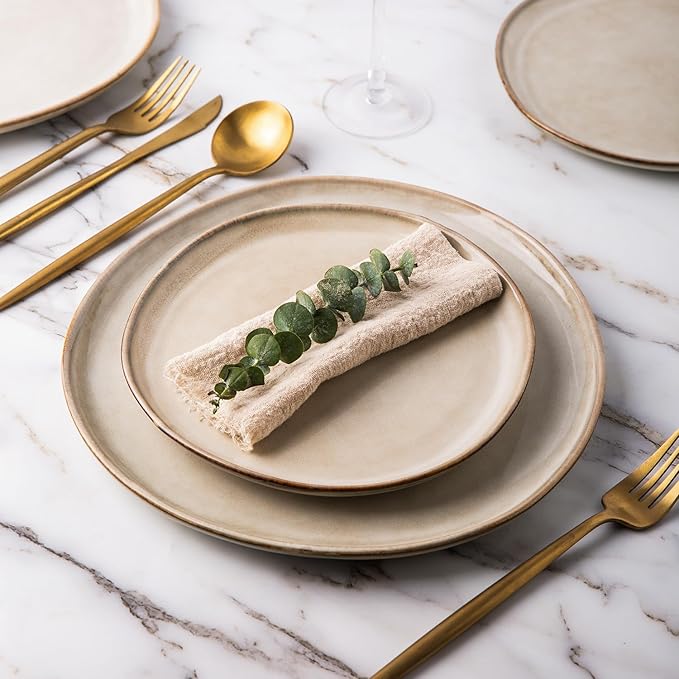 AmorArc Ceramic Dinner Plates Set of 6, 10.5 Inch Handmade Reactive Glaze Stoneware Plates, Rustic Shape Dinnerware Dish Set for Kitchen, Microwave & Dishwasher Safe, Scratch Resistant-Cappuccino