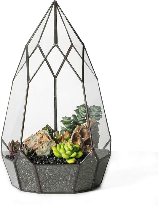 NCYP Modern Tabletop Black Glass Geometric Terrarium Container - Balcony Planter DIY Display Flower Pot for Succulent Fern - Miniature Botanical Fairy Garden, Large (No Plants, No Door)