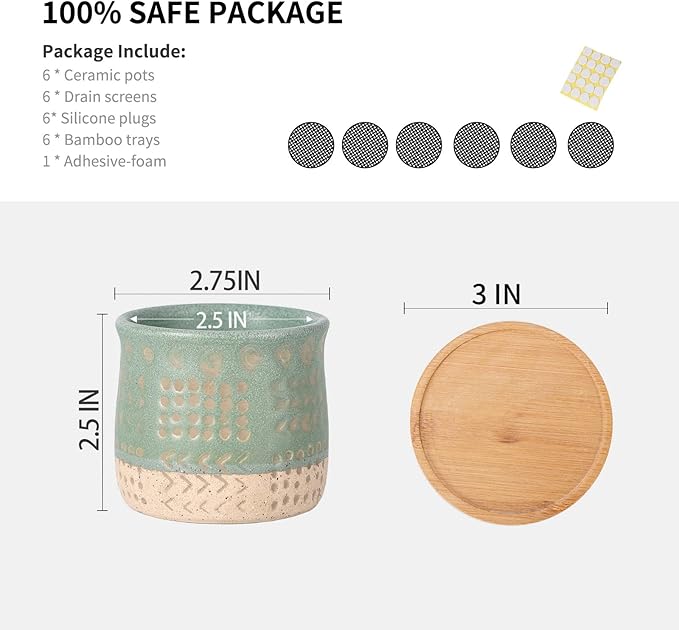 TAMAYKIM 2.75 Inch Mini Ceramic Succulent Plant Pots, Retro Tiny Planter Pots with Saucer & Drainage Hole, for Cactus, Small Plants, Set of 6, Green