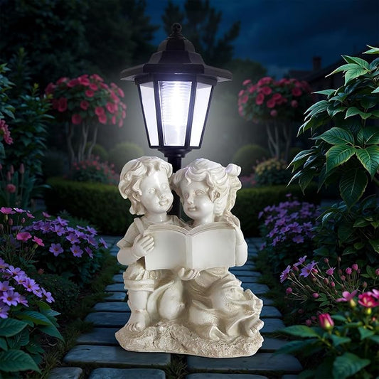 Garden Boy&Girl Decor Outdoor, Outdoor Statues with Solar Powered Lantern for Outside Patio Yard Backyard Gifts for Mother's Day Birthday Housewarming