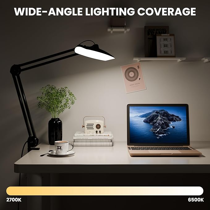 3000 Lumens Adjustable LED Desk Lamp & Task Lamp - Bright, Dimmable Lighting for Office, Crafts, Nails &Salon Hobbies with Clamp (CCT, Black)