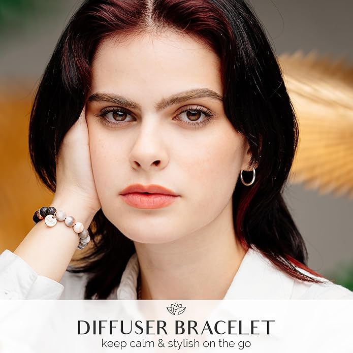 Lava Rock Beaded Diffuser Bracelet for Women with Lavender Essential Oil, 18K Gold-Plated Charm Soothing Crystal Beads Boho Stretch Bracelet for Aromatherapy, Birthday and Valentine’s Day Gift for Her