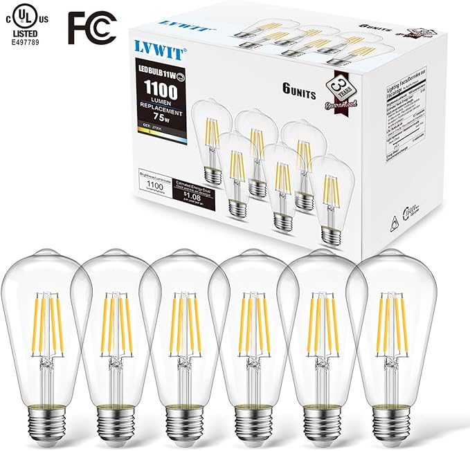 LVWIT 6 Pack Vintage LED Edison Bulbs 75W Equivalent 11W 1100LM Dimmable ST64 Filament 2700K Warm White E26 Medium Base Light Bulbs High Brightness Clear Glass