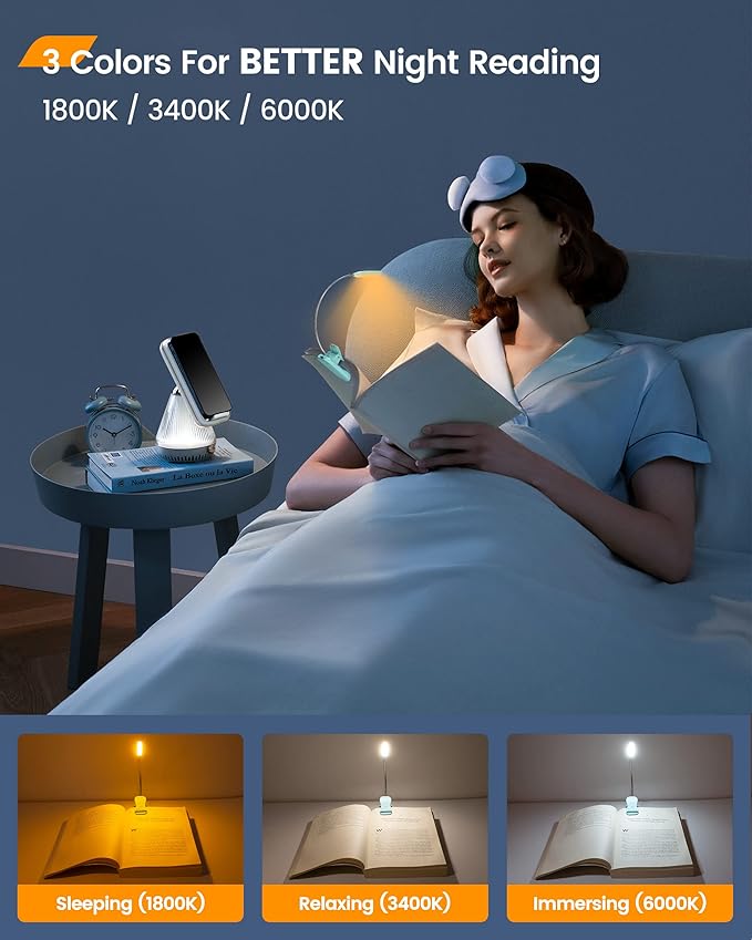 Glocusent Willow Book Light for Reading in Bed, 10LED Bright Reading Light, 3 Colors & 3 Brightness, Rechargeable Book Light Lasts for 80hr, Lightweight Clip on Book Light, Perfect for Book Lovers