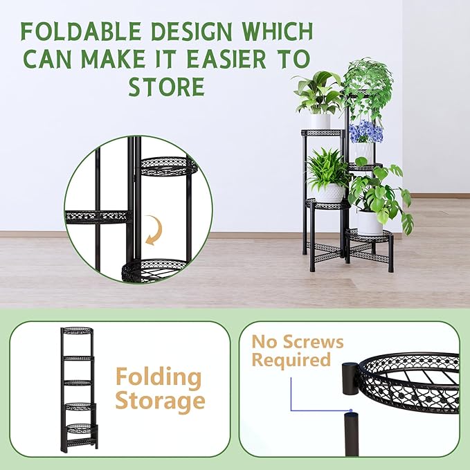 5-Tier Metal Plant Stand Indoor Outdoor - Corner Tall Plant Shelf for Multiple Plants, Foldable Heavy Duty Plant Holder - Decoration flower Stand for House Living Room Balcony Garden Patio - Black