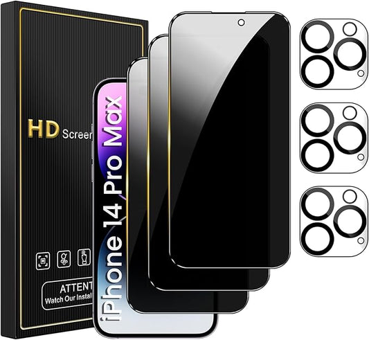 3 Pack Privacy Screen Protector for iPhone 14 Pro Max 6.7 Inch with 3 Pack Camera Lens Protector, Anti Spy Tempered Glass Film, Anti-Scratch, Touch Sensitive, Case Friendly