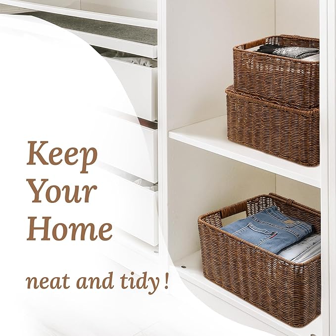 Baskets with Handles, Wicker Storage, Shelf Boxes for Organizing, Stackable Woven Bins, Decorative Lidded Resin, Set of 3, Toffee