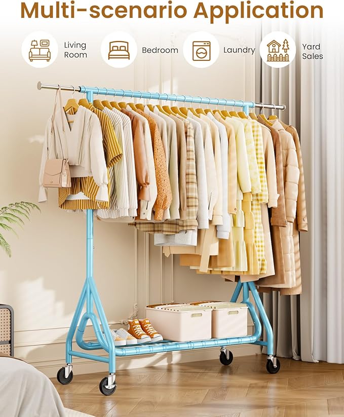 Heavy Duty Clothing Rack, Metal Clothes Rack Load 450 LBS, Rolling Coat Racks for Hanging Clothes with Lockable Wheels, Wardrobe Closet Garment Racks for Bedroom, Sky Blue