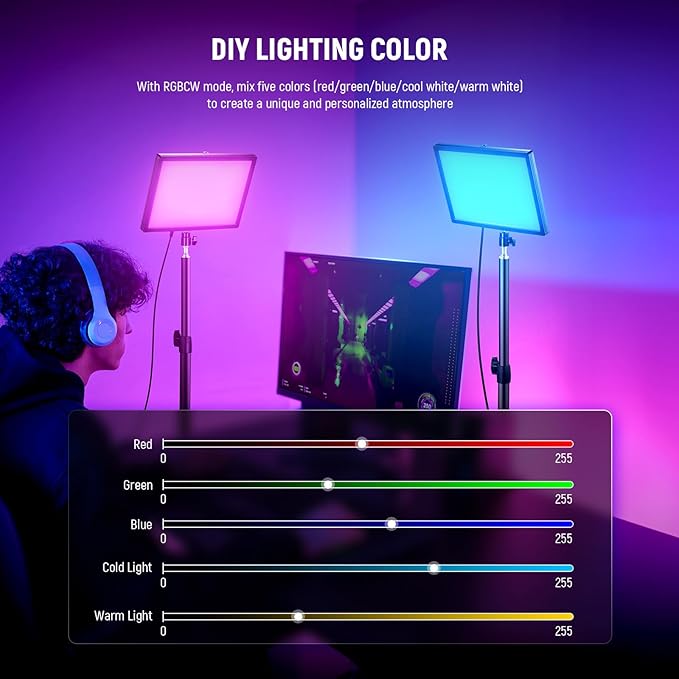 NEEWER GL25C LED RGB Streaming Key Light, APP/PC Control 25W 2500Lux/0.5m 2900K-7000K CRI95+/TLCI97+ Full RGB Dimmable Edge Emitting Silent Webcam Video Light with Desk Stand