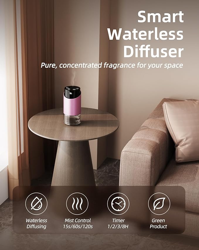 Waterless Essential Oil Diffuser Aromatherapy Scent Diffusers for Home Large Room, Bedroom, Car, Office, Desk, Battery Operated Mini Portable Air Freshener, 3 Countdown Timers & 3 Mist Levels
