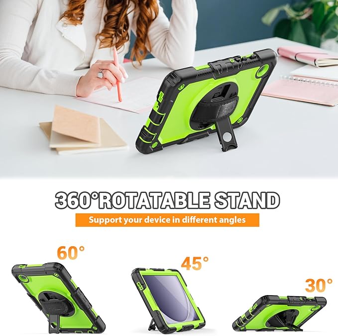 SEYMAC for Samsung Galaxy Tab A9 Case 8.7 Inch 2023 (SM-X110/X115/X117), Heavy Duty Shockproof Protective Case with Screen Protector, Rotating Stand, Hand/Shoulder Strap and Pen Holder, Green