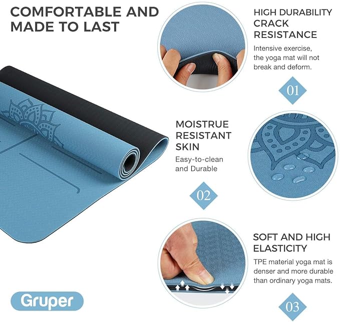 Yoga Mat Non Slip TPE Extra Wide Yoga Mat with Alignment Mark, 72"L x 32"W x 0.32"/0.24"Th (183cm x 80cm x 8mm/6mm), Anti-Tear Exercise Mat with Carrying Strap and Bag, Workout Mats for Yoga, Pilates