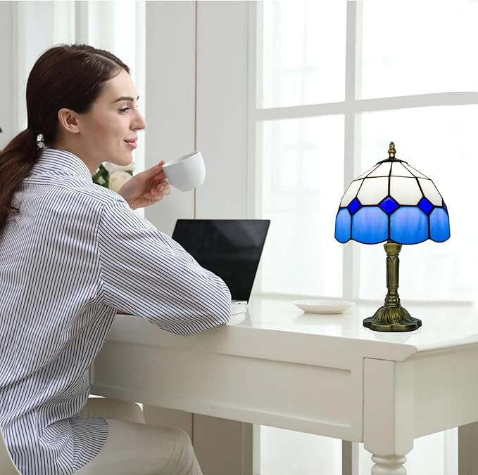 Tiffany Lamp Blue, Small Stained Glass Lamp for Bedside, Living Room