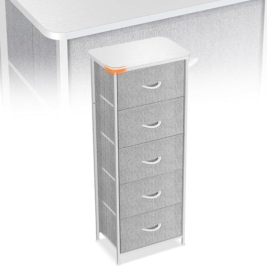 Curved Profile Dresser for Bedroom，5 Fabric Drawer Dresser with Waterproof Wood Top Chest of Drawers for Hallway, Living Room, Kid Room (White)