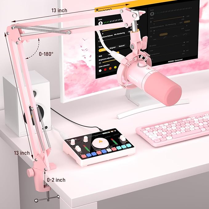 MAONO XLR/USB Dynamic Microphone Kit, RGB Gaming Mic with Software, Mute, Gain Knob, Volume Control, Boom Arm for Streaming, Podcasting, Voice-Over, Recording-PD200XS Pink