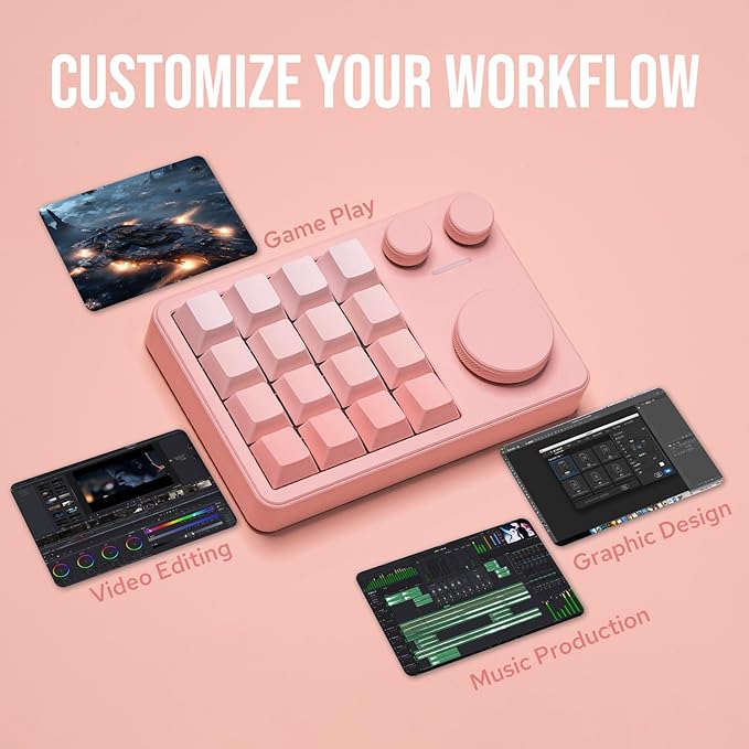 KiiBoom Cybrix 16 VIA Programmable Macro Pad - 16 Keys + 3 Knobs, Type-C Wired Aluminum Numpad, Hot-Swappable PCB, RGB Backlight, Lightweight & Portable Numeric Keypad for Windows & Mac (Pink)