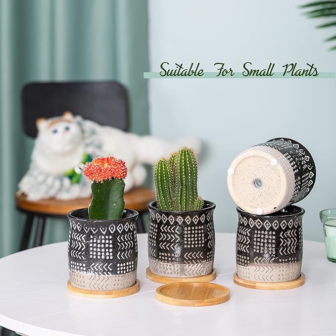 TAMAYKIM 4 Inch Ceramic Boho Plant Pots with Drainage Hole and Saucers, Black Retro Totem Design Small Flower Planters for Indoor Plants, Succulent, Aloe, Cactus and Herbs, Set of 4