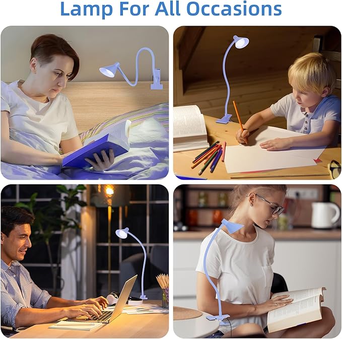Desk Lamp Clip on Lamp for Bed Headboard LED Reading Light for Bed, 3 Colors 10 Dimmable Brightness, Book Light for Reading in Bed Flexible Neck Clip on Light Clamp Lamp for Bed Desk(Purple)