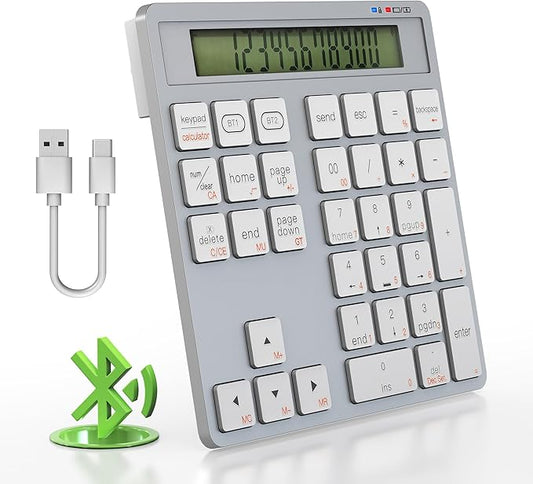 2-in-1 Wireless Number Pad & Calculator, Bluetooth 5.0 Numeric Keypad with USB-C Charging, 34-Key Portable Number Pad for Laptop, MacBook, PC, Windows, iOS & Android Devices